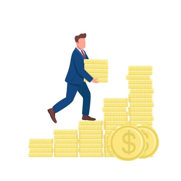 黄金のコインフラットコンセプトベクトルイラストを歩いて男 成功したビジネスマンは ウェブデザインのためのお金はしご2D漫画のキャラクターを登る 財務上の成功創造的なアイデア — ストックベクタ