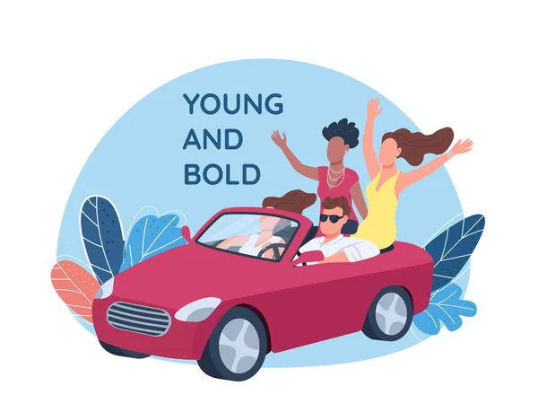 Ungdomar Som Kör Röd Cabriolet Bil Vektor Web Banner Affisch — Stock vektor