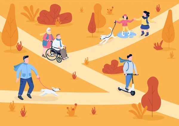 Осенний Парк Плоский Цветовой Вектор Иллюстрации Падение Парка Дети Взрослые — стоковый вектор