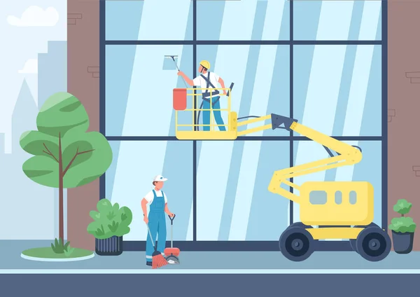 都市清掃フラットカラーベクトルイラスト クリーナーチーム都市を背景に2D漫画のキャラクター 商業司法サービス 窓の掃除と通りの掃除 — ストックベクタ