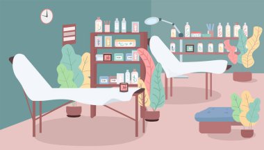 Kozmetik salonu düz renk vektör çizimi. Spa ve masaj. Saç çıkarma ve şekerleme hizmetleri. Cilt işlemleri ekipmanı 2D karikatür iç mimari mobilya arka planda