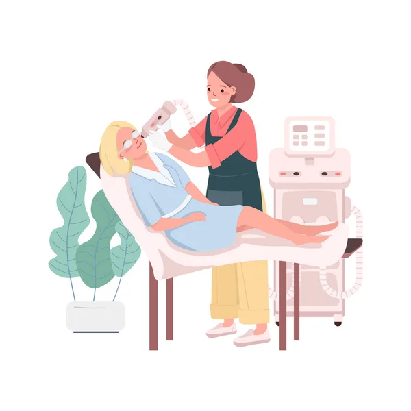 ライトスキン療法フラットカラーベクトル詳細な文字 顔の治療手順 美容室の労働者とウェブグラフィックデザインとアニメーションのための顧客隔離された漫画イラスト — ストックベクタ