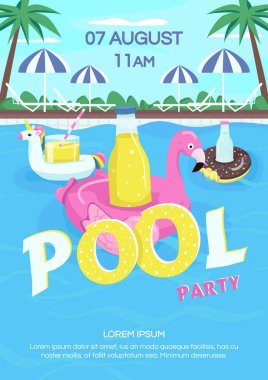 Havuz partisi poster düz vektör şablonu. Yüzme havuzu eğlencesi. Yaz zamanı. İçkiler ve şişirilebilir. Broşür, çizgi film nesneleri ile ilgili birinci sayfa konsept tasarımı. Deniz kenarındaki kulüp broşürü, broşür.