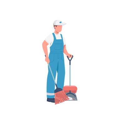 Süpürge düz renk vektör yüzsüz karakter hizmetlisi. Yerleri silip süpüren, web grafik tasarımı ve animasyonu için karikatür çizimi. Ticari hademe servisi, oda servisi.