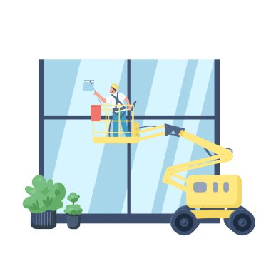Pencere temizleyicisi düz renk vektörü yüzsüz karakter. Asansör yıkama hizmetlisi web grafik tasarımı ve animasyonu için izole edilmiş karikatür çizimi. Ticari hademe servisi.