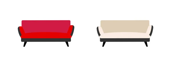 ソファフラットカラーベクトルオブジェクトセット ソファだ 家庭やオフィスの家具 快適な赤と白のデイベッド 白い布団 ウェブグラフィックデザインとアニメーションコレクションのための孤立した漫画イラスト — ストックベクタ