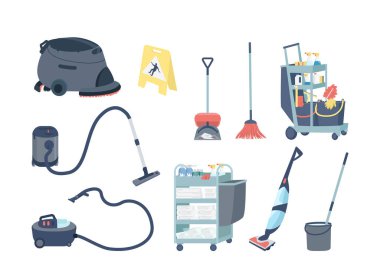Janitorial supplies flat color vector objects set. Professional housekeeping equipment. Different cleaning products isolated cartoon illustrations collection for web graphic design and animation clipart