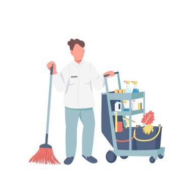 Hademe malzemeleriyle temizlikçi düz renk vektör yüzsüz karakter. Üniformalı otel hizmetçisi web grafik tasarımı ve animasyonu için karikatür çizimi yaptı. Temizlik ürünleriyle çalışan kadın hademe.