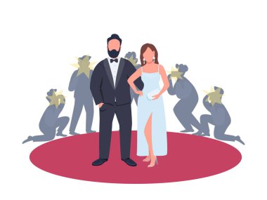Kırmızı halı düz konsept vektör illüstrasyonunda poz veren oyuncu ve aktris. Film festivali 2D çizgi film karakterlerindeki ünlü insanlar web tasarımı için. Gösteri dünyası yaratıcı fikri