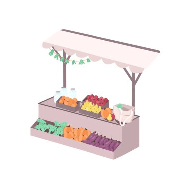 Organik bakkal tezgahı düz renk vektör nesnesi. Taze biyo ve vejetaryen yemekleri. Tarım pazarı. Yerel sebzeler ve meyve pazarı web grafik tasarımı ve animasyonu için izole edilmiş karikatür çizimi