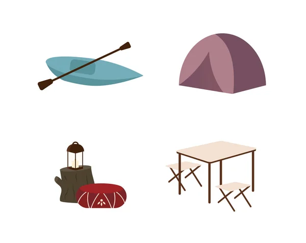 집합을 캠핑하는 테이블과 랜턴과 베게를 캠핑중이야 그래픽 디자인 애니메이션 삽화를 — 스톡 벡터