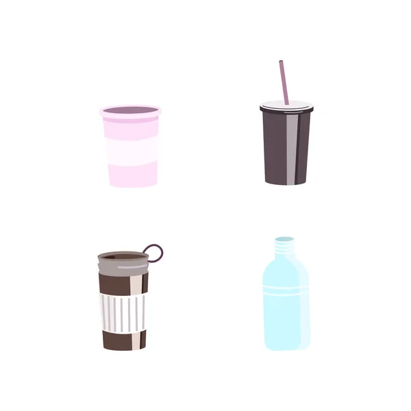 Vasos Botellas Reutilizables Conjunto Objetos Vectoriales Color Plano Café Taza — Vector de stock