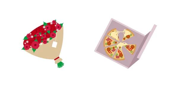 Pizza Dan Mawar Vektor Warna Datar Ditetapkan Karangan Bunga Perusahaan - Stok Vektor