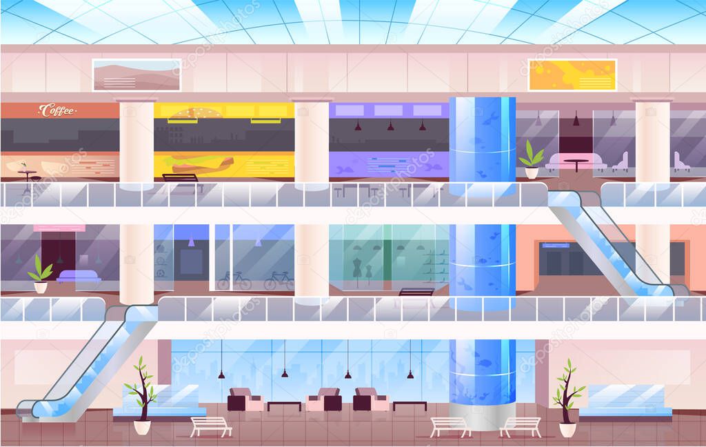 Empty shopping mall flat color vector illustration. Urban retail space 2D cartoon interior with multiple floors on background. Multistorey hall with different stores, food court and lounge zone