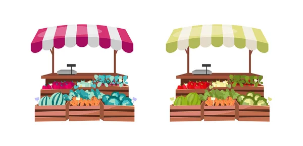 有機食品カウンターフラットカラーベクトルオブジェクトを設定します 新鮮な野菜や果物の通り市場 地元や自然食品店は Webグラフィックデザインやアニメーションコレクションのための孤立した漫画イラスト — ストックベクタ