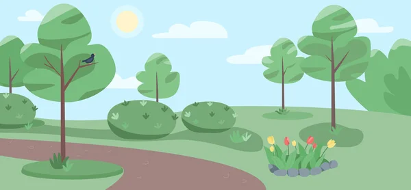 Empty Public Park Flat Color Vector Illustration Beautiful Garden Cartoon — Stock Vector
