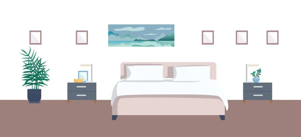 Leere Schlafzimmer Flache Farbvektorabbildung Gemütliches Hotelzimmer Cartoon Interieur Mit Malerei — Stockvektor