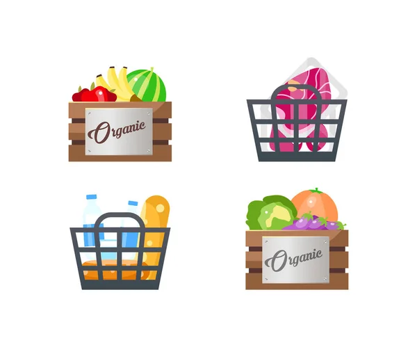 Essenskörbe Mit Flachen Farbvektorobjekten Bio Obst Und Gemüse Tiefkühlfleisch Einkaufen — Stockvektor