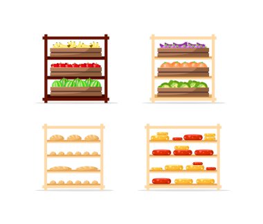 Gıda düz renk vektör nesneleri satılıyor. Peynir ve ekmek rafları. Sebze ve meyve vitrinleri. Web grafik tasarımı ve animasyon koleksiyonu için izole edilmiş karikatür çizimleri