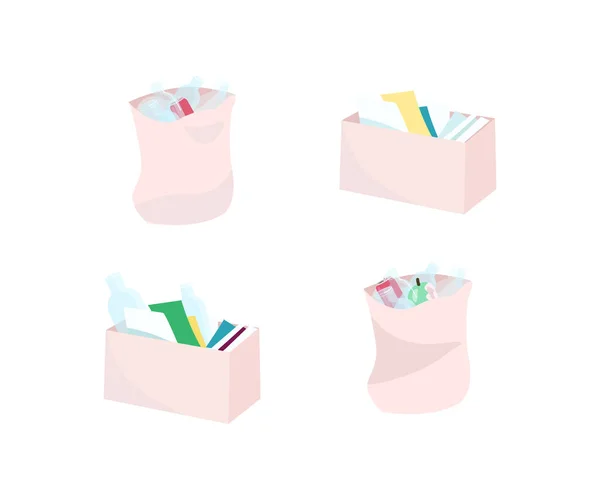 Residuos Cajas Bolsas Color Plano Vector Objetos Conjunto Bolsa Basura — Vector de stock