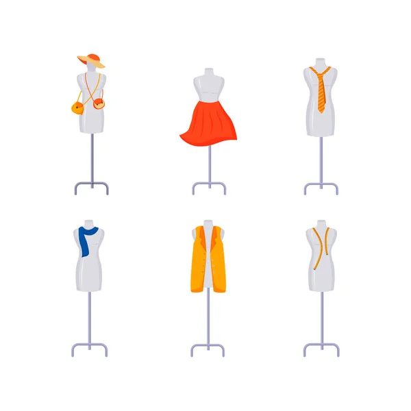 具有服装平面色彩矢量对象集的人体模型 领带在模型上 测量衣服 时装设计师工作室装饰孤立的卡通画 用于网页平面设计和动画收藏 — 图库矢量图片