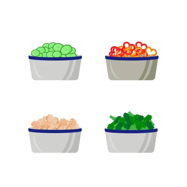 将蔬菜切割成平板扁平的彩色矢量对象集 用容器盛放新鲜食物 烹饪配料 用于网页平面设计和动画收集的各式孤立的卡通插图 — 图库矢量图片