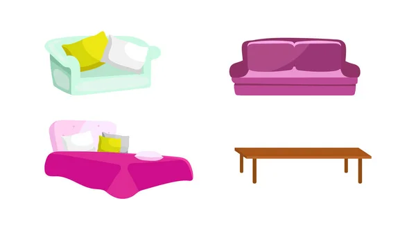 ベッドルームとリビングルームの家具フラットカラーベクトルオブジェクトを設定します 枕付きのベッド ソファとクッション ウェブグラフィックデザインとアニメーションコレクションのための孤立した漫画イラスト — ストックベクタ
