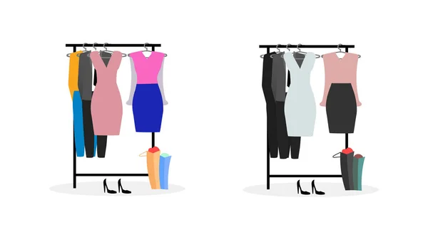 衣服架平色矢量对象集 女人的时尚服装 穿着衣服的挂衣架 用于网页平面设计和动画集合的服装独立卡通画 — 图库矢量图片