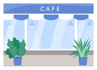 Cafe dış düz renk vektör çizimi. Kaldırımlı kahve dükkanı. Restoranın dışında. Kantin açık havada. Boş avlu. Arka planda lokanta görüntüsü olan 2D şehir çizgi film dükkânı önü