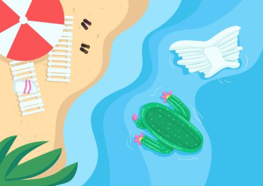 Plaj ve havuz düz renk vektör çizimi yapıyor. Şemsiyeli ve yataklı boş turist plajı. Tropik tatiller. Sahilde, arka planda doğa olan 2D karikatür manzarası