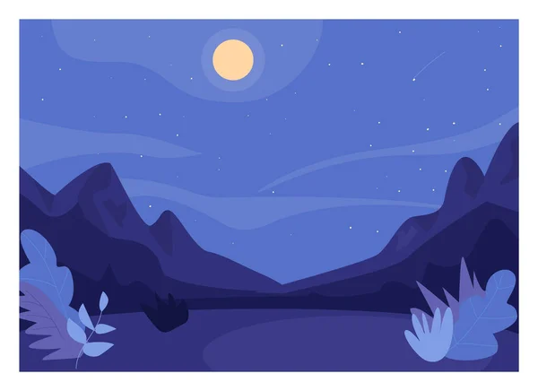 夜間森林クリアフラットカラーベクトルイラスト 森の中でロマンチックな夜 ジャングルでのハイキングのための場所 真夜中だ 背景にパノラマの山々と2D漫画の風景の外 — ストックベクタ