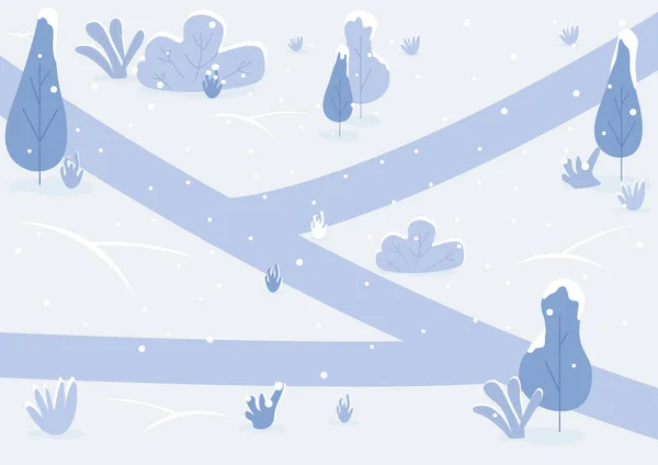 Sneeuwpad Vlakke Kleur Vector Illustratie Winterpark Land Met Struiken Grond — Stockvector