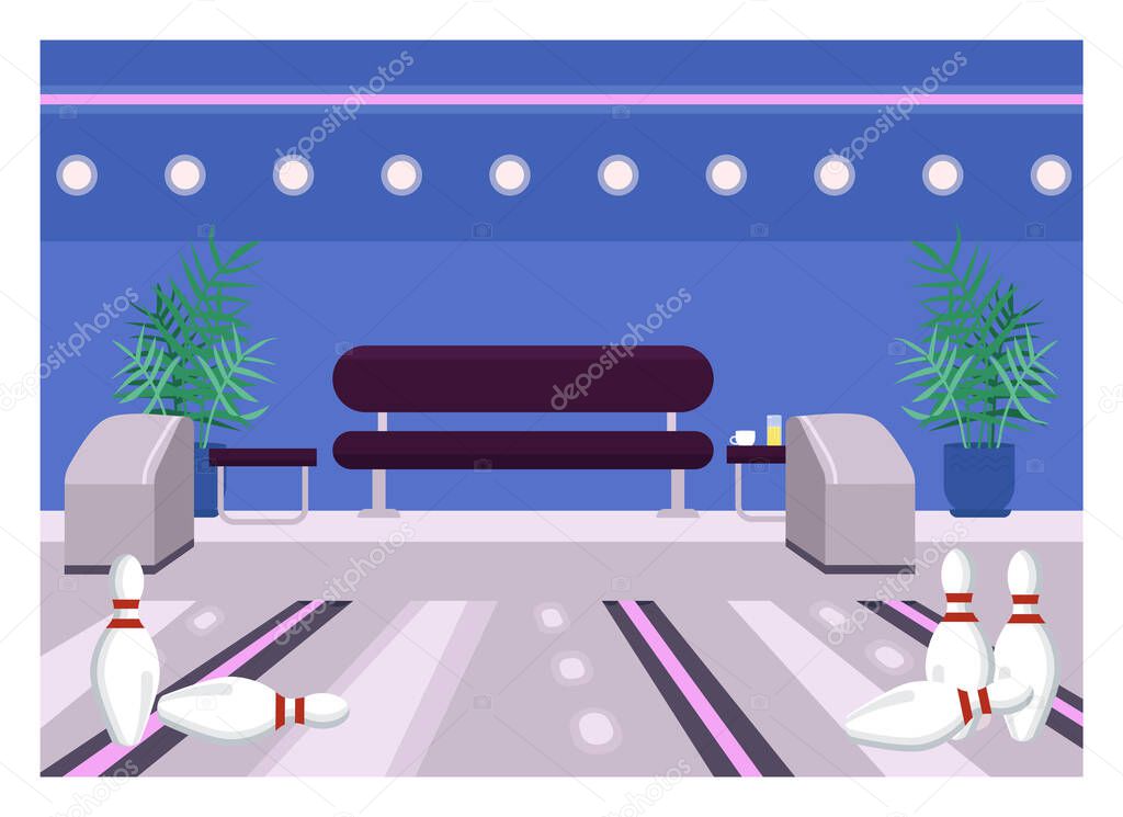 Bowling center flat color vector illustration. Lane for playing. Weekend entertainment arena. Lounge to strike pins. Fun sport activity. Game club 2D cartoon interior with chair on background