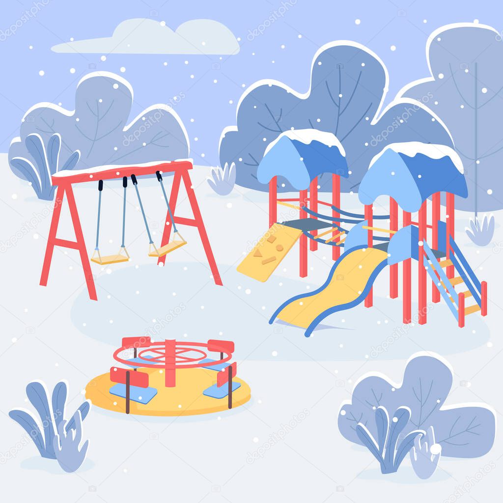 Área de juego de invierno ilustración vectorial de color plano. Los niños  vacíos estacionan en invierno. Swing, diapositiva y rotonda. Equipo de  juegos Paisaje de dibujos animados 2D con bosque nevado sobre