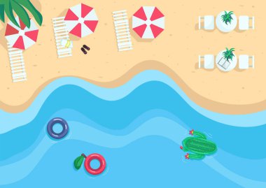 Sahil tatil beldesi düz renk vektör illüstrasyonu. Şemsiyeli Sandy turist plajı. Havuz suda yüzer. Yaz tatili. Sahilde tatiller, arka planda doğa olan 2D karikatür manzarası.