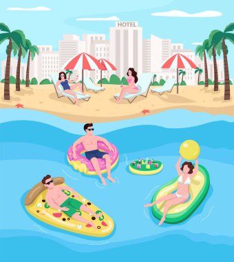 Sahil kenarında dinlenen insanlar düz renk vektör illüstrasyonuna başvuruyorlar. Öğrenciler şişme şişme şişelerde dinleniyor. Yaz tatili. Arka planda şehir manzarası olan 2B bahar arası çizgi film karakterleri