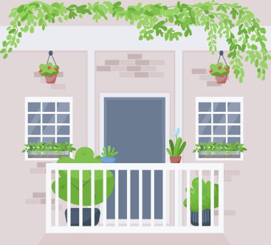 Pencere kenti bahçe düz renk vektör çizimi. Bina apartmanının dışında saksılar ve çiçek asarlar. Ev bitkisi yetiştirme 2D karikatür dış bina duvarı arka planda