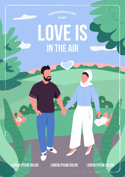 Láska Leteckém Plakátu Ploché Vektorové Šablony Muslimský Pár Chodí Parku — Stockový vektor
