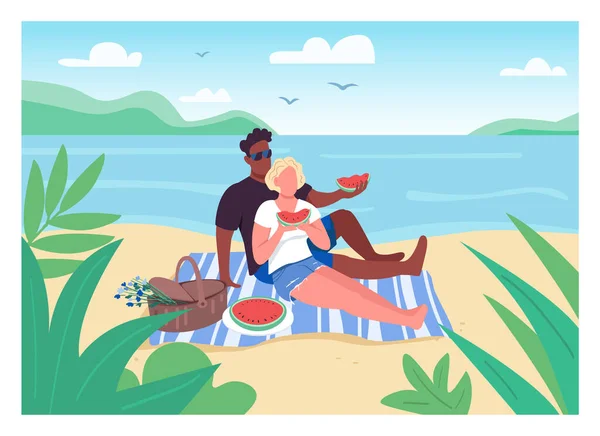 ビーチフラットカラーベクトルイラスト上のロマンチックなピクニック 夏休みにカップル 男と女の毛布の上に座ってスイカを食べる 恋人背景に海景と2D漫画のキャラクター — ストックベクタ