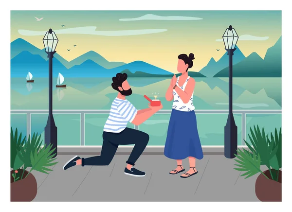 ロマンチックな提案フラットカラーベクトルイラスト ダイヤモンドリング付きの膝の上の男 婚約に興奮した女性 ボーイフレンドとガールフレンドの2D漫画のキャラクターとともに夕日の海景上の背景 — ストックベクタ