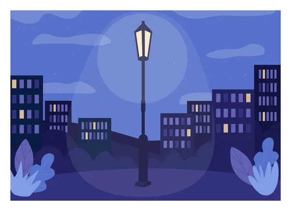 Midnight City Illustrazione Vettoriale Colori Piatta Lanterna Incandescente Sul Palo — Vettoriale Stock