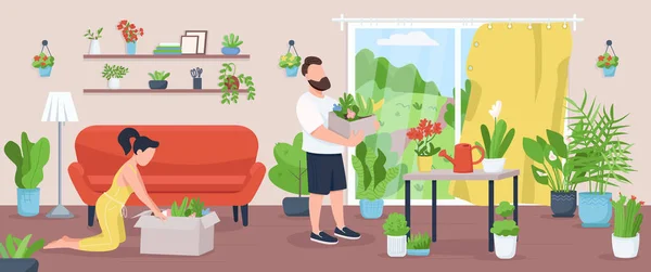 Home Jardim Cor Plana Vetor Ilustração Família Cultivar Cuidar Plantas —  Vetores de Stock