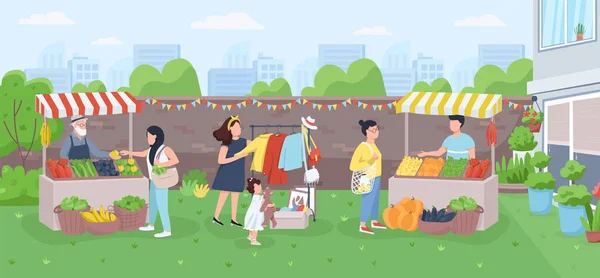 都会のファーマーズマーケットフラットカラーベクトルイラスト 衣類や食品とカウンターを販売しています 家族は有機野菜を買う 市の市場背景に文字と2D漫画の風景 — ストックベクタ