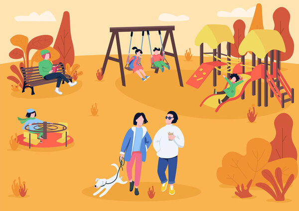 Autumn Playpark Visitors Flat Color Vector Illustration People Spending Leisure — Stock Vector