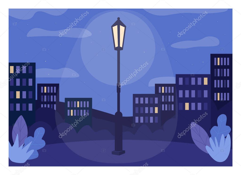 Midnight city flat color vector illustration. Glowing lantern on pole in urban public park. Place for evening date. Nighttime romantic 2D cartoon cityscape with skyscrapers on background