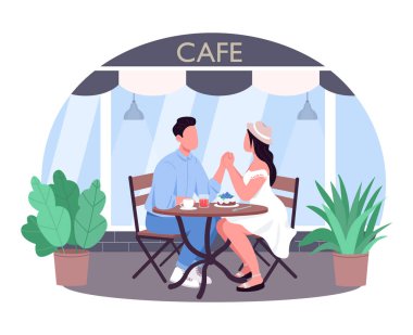 Romantik yemek 2D vektör web afişi, poster. Kadın ve erkek kahve dükkanında el ele tutuşuyorlar. Çizgi film arka planında düz karakterli bir çift. Restoran tarihi yazdırılabilir yama, renkli web ögesi