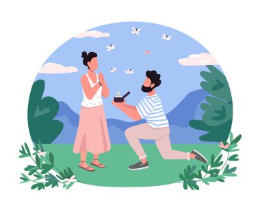 Evlilik teklifi 2D vektör pankartı, poster. Tek dizli adam elmas yüzük hediye ediyor. Çizgi film arkaplanındaki romantik çift karakterleri. Bağlantı yazdırılabilir yaması, renkli web ögesi