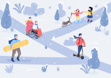 Winter Parkland düz renk vektör çizimi. Karlı parkta köpekli ve yaşlı çiftli çocuklar. Açık havada geçen kış, arka planda karlı ağaçlar olan 2 boyutlu çizgi film karakterleri