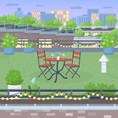 Romantik yemek için teras düz renk vektör çizimi. Çatı katındaki mobilyalar. Akşam yemeği için masa ve sandalyeler. Şehir bahçesi, arka planında şehir manzarası olan 2D karikatür.