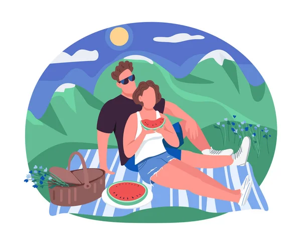 Romantický Piknik Vektorový Web Transparent Plakát Muž Žena Sedí Přikrývce — Stockový vektor